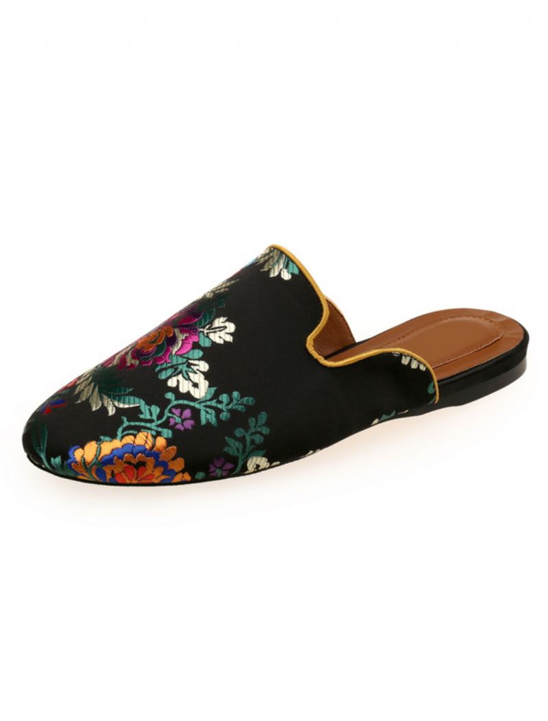 Kvinners Satin Flat Mules Rund Toe Floral Brodert - Sort