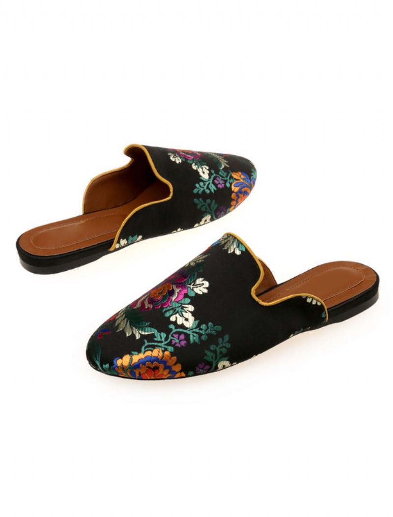 Kvinners Satin Flat Mules Rund Toe Floral Brodert - Sort