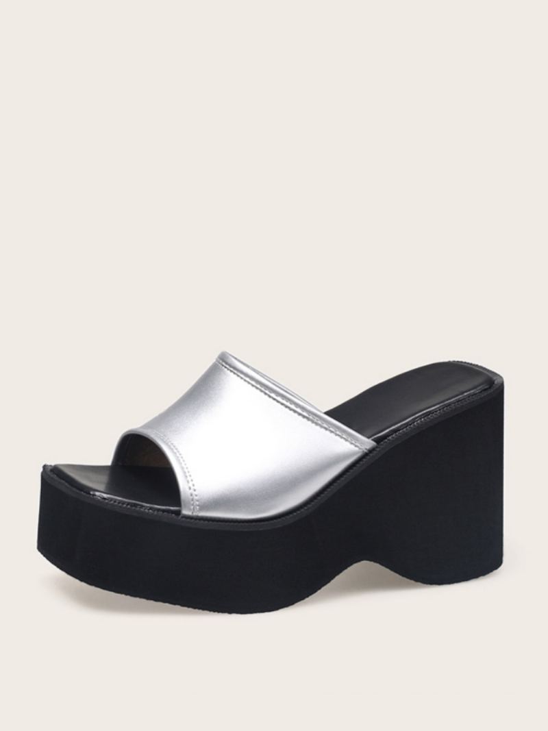 Sølv Slidesandaler Dame Metallic Plattformsko Sandal Tøfler - Sølv