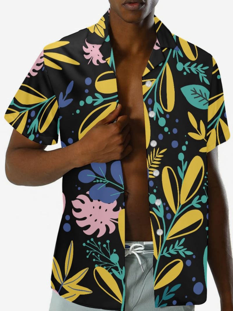 Kortermet Hawaii Skjorte For Menn Plant Printed Vacation Top