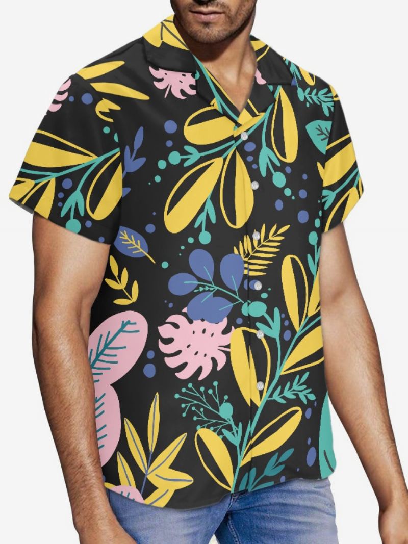 Kortermet Hawaii Skjorte For Menn Plant Printed Vacation Top - Svart