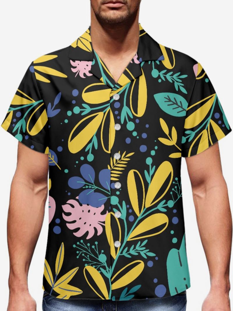 Kortermet Hawaii Skjorte For Menn Plant Printed Vacation Top - Svart