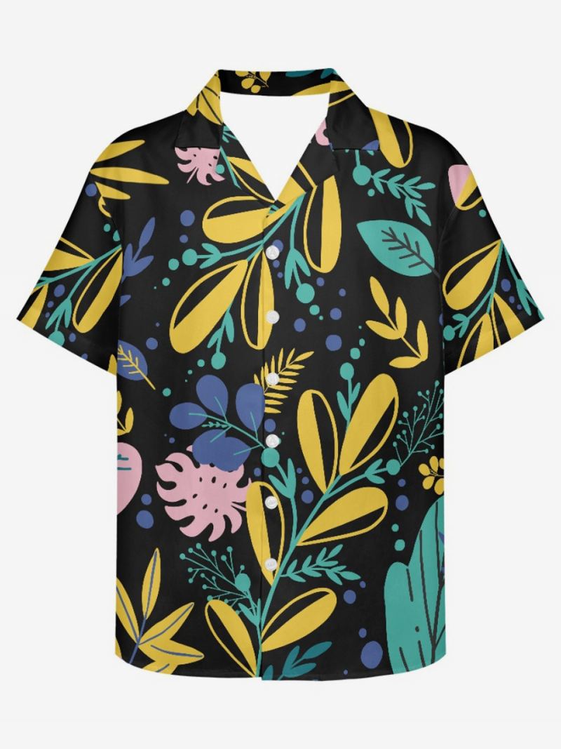 Kortermet Hawaii Skjorte For Menn Plant Printed Vacation Top - Svart