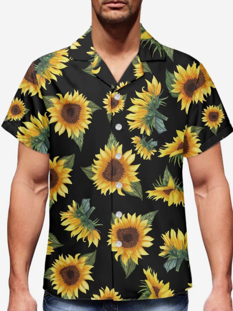 Menn Funky Hawaii-skjorter Kortermet Sommerferie Solsikketrykt Beach Casual Hawaii-skjorte - Svart