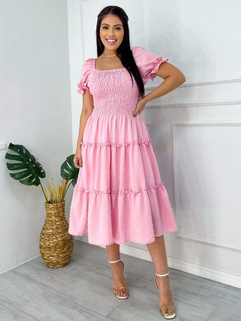 Dame A-line Smocked Dress Ruffles Polka Dot Puffermer Uformelle Sommerkjoler - Rosa