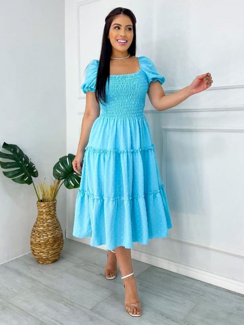 Dame A-line Smocked Dress Ruffles Polka Dot Puffermer Uformelle Sommerkjoler - Aqua