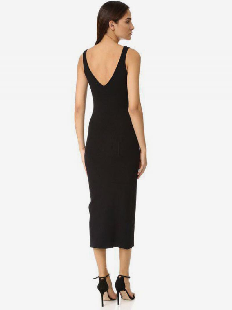 Dame Slire Kjole Snøring Split Front V-hals Sexy Bodycon Midi Kjoler - Svart