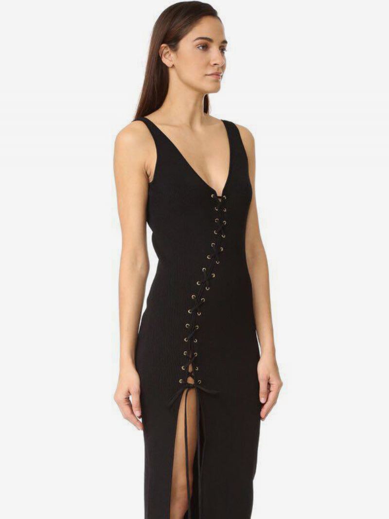 Dame Slire Kjole Snøring Split Front V-hals Sexy Bodycon Midi Kjoler - Svart