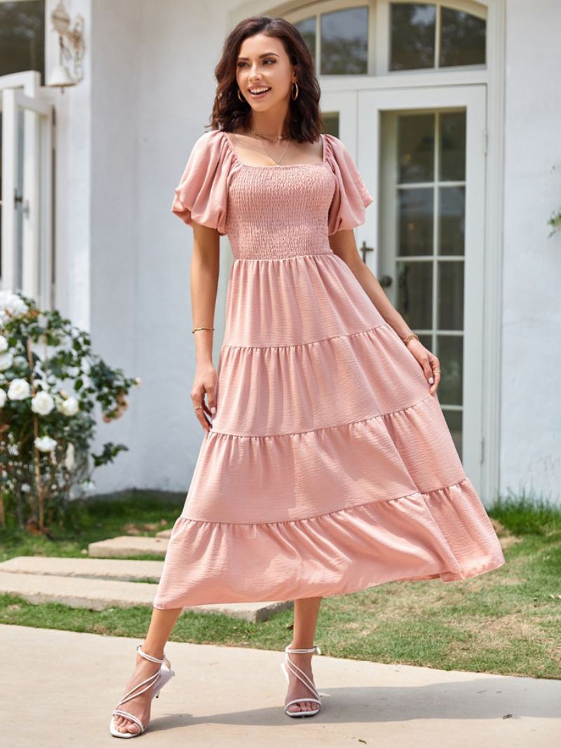 Dame Sommer Midi Dress Rosa Bateau Neck Plissert Strandkjole