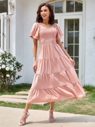 Dame Sommer Midi Dress Rosa Bateau Neck Plissert Strandkjole