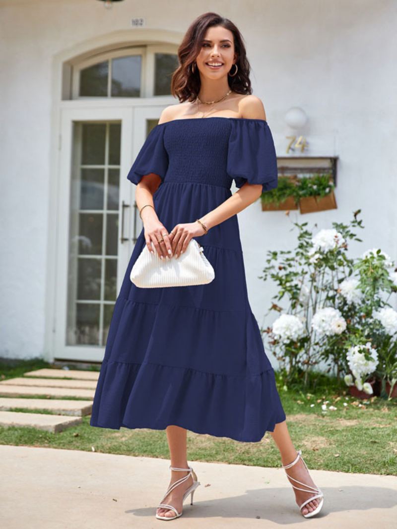 Dame Sommer Midi Dress Rosa Bateau Neck Plissert Strandkjole - Mørk Navy