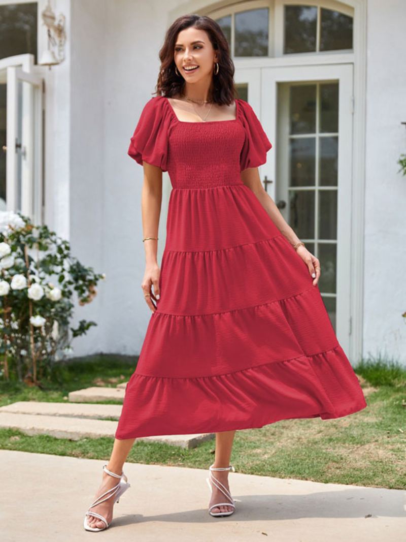 Dame Sommer Midi Dress Rosa Bateau Neck Plissert Strandkjole - Rød