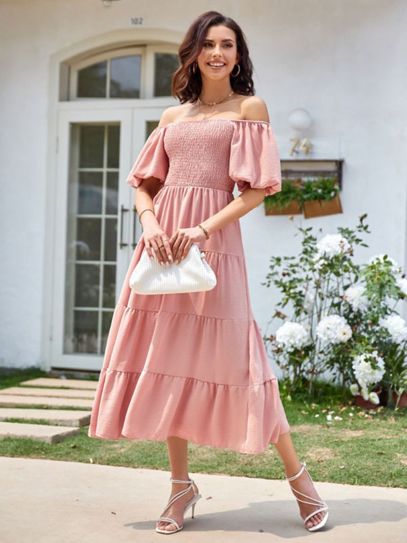 Dame Sommer Midi Dress Rosa Bateau Neck Plissert Strandkjole - Rosa