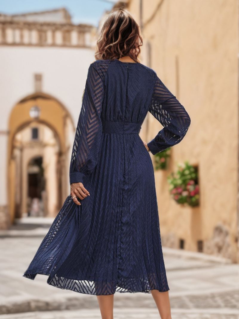 Dame V-hals Kjole Langermet Plissert Glidelås Flared Midi Dress - Mørk Navy