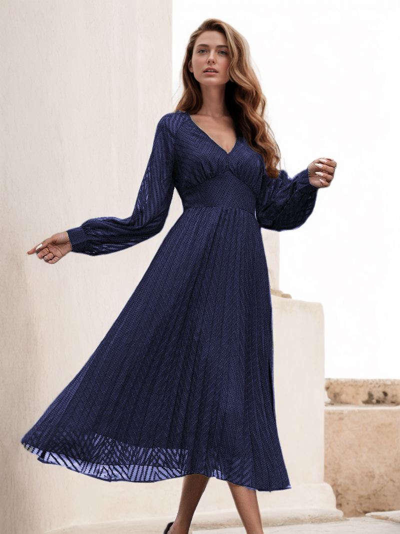 Dame V-hals Kjole Langermet Plissert Glidelås Flared Midi Dress - Mørk Navy