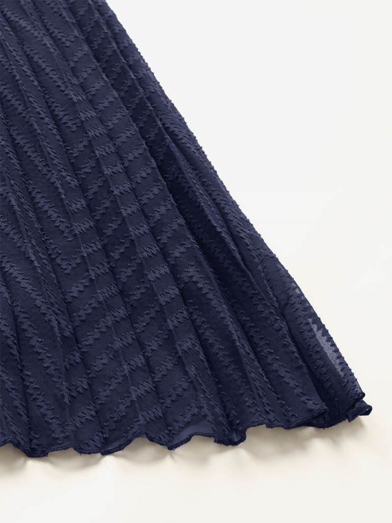 Dame V-hals Kjole Langermet Plissert Glidelås Flared Midi Dress - Mørk Navy