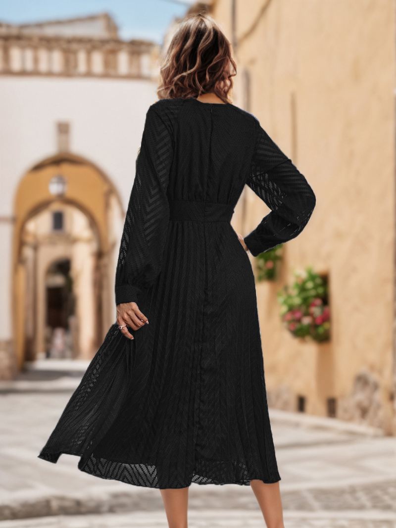 Dame V-hals Kjole Langermet Plissert Glidelås Flared Midi Dress - Sort