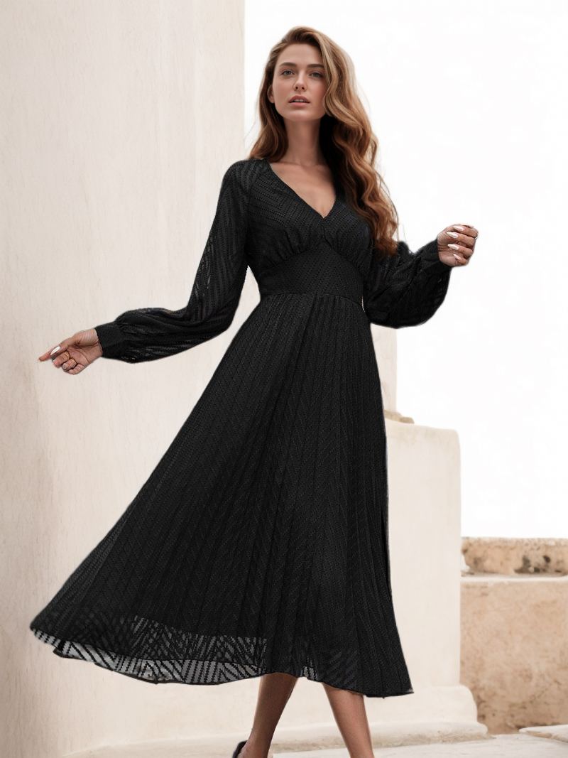 Dame V-hals Kjole Langermet Plissert Glidelås Flared Midi Dress - Sort