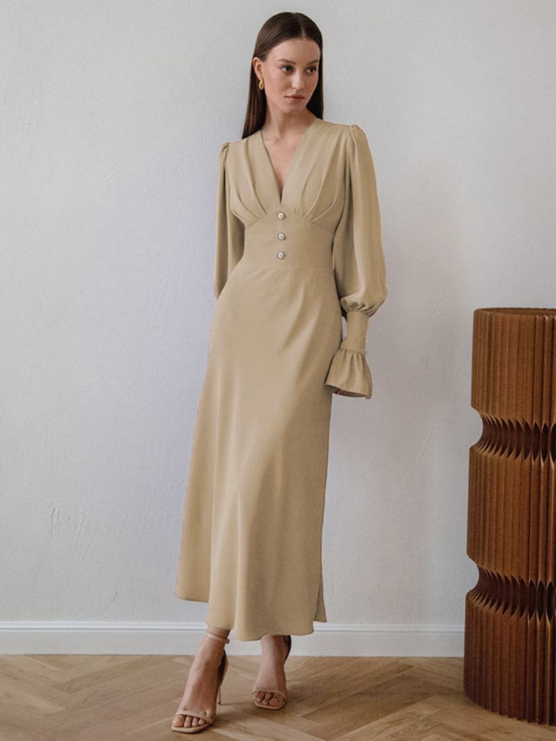 Midi-kjole I Chiffon For Kvinner Med V-hals Lanterneermer Knapper Ensfarget - Khaki