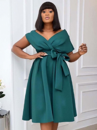 Plus Size Kjole For Kvinner Bateau Neck Kortermet Lycra Spandex Teal Midi Dress