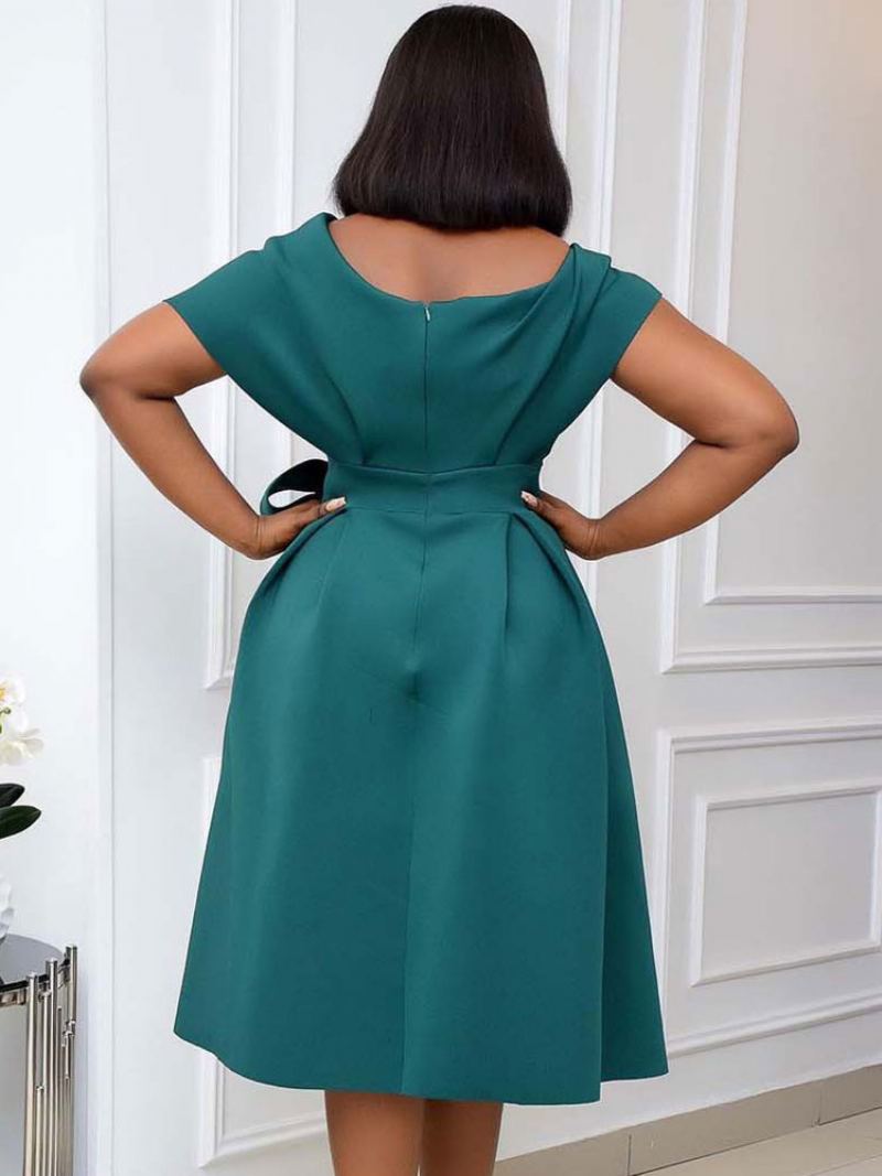 Plus Size Kjole For Kvinner Bateau Neck Kortermet Lycra Spandex Teal Midi Dress - Blågrønn