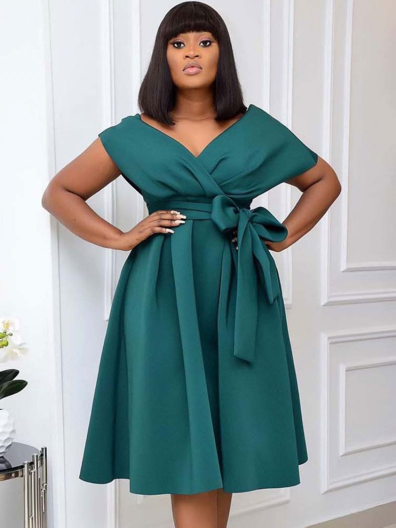 Plus Size Kjole For Kvinner Bateau Neck Kortermet Lycra Spandex Teal Midi Dress - Blågrønn