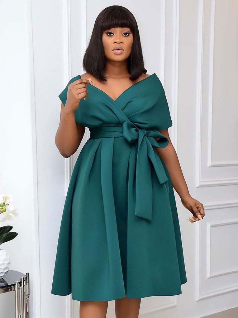 Plus Size Kjole For Kvinner Bateau Neck Kortermet Lycra Spandex Teal Midi Dress - Blågrønn