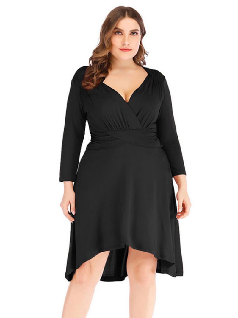 Plus Size-kjole For Kvinner Svart V-hals 3/4-lengde T-skjorte-ermer Kne-lengde Overdimensjonert Kjole