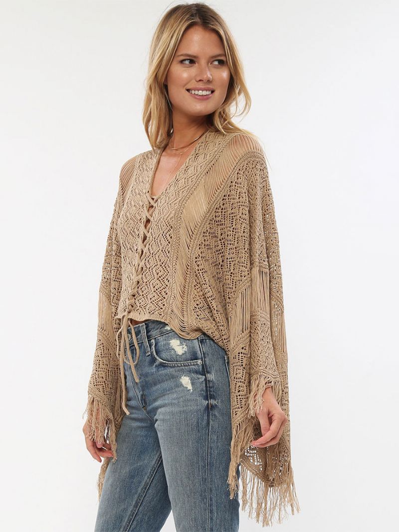 Cover Ups For Kvinner Khaki Cut Out V-hals Lange Ermer Oversized Akryl Sommerstrand Badedrakter - Khaki