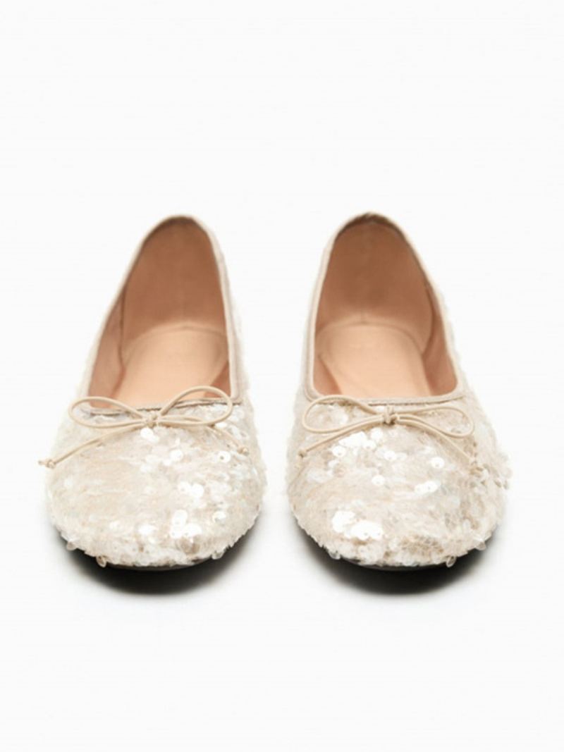 Ballet Flats For Kvinner Paljetter Rund Tå Ballerina Flate Festsko - Beige