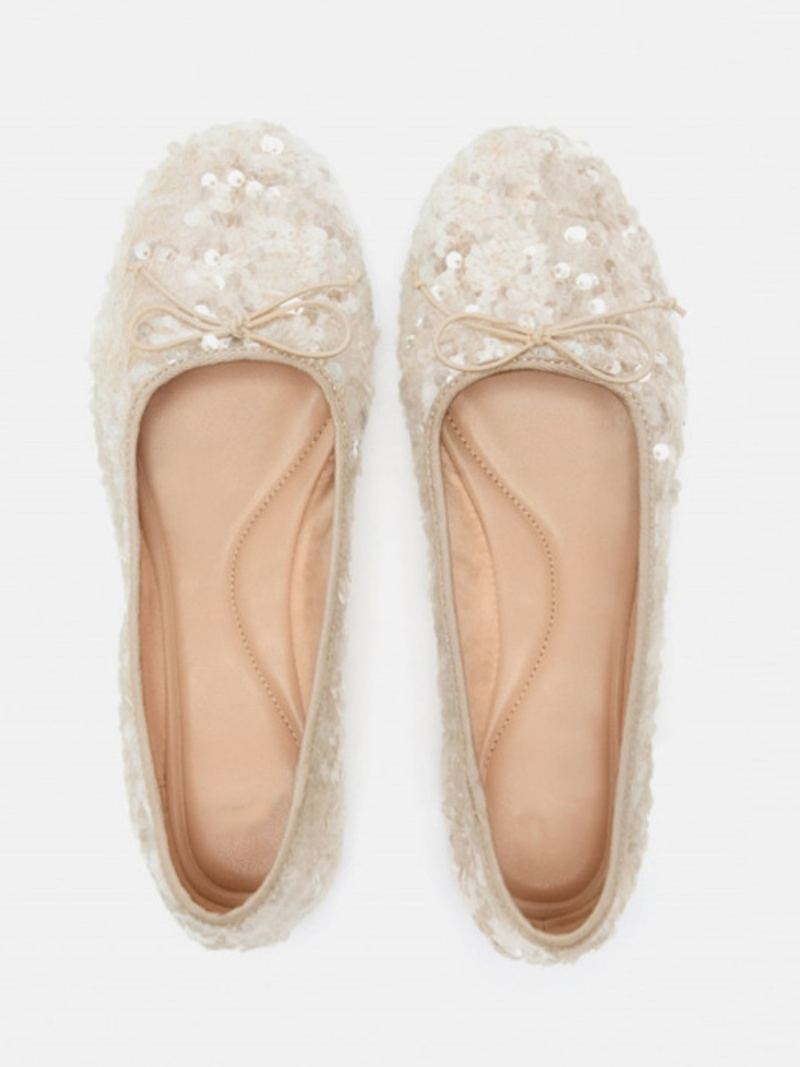 Ballet Flats For Kvinner Paljetter Rund Tå Ballerina Flate Festsko - Beige