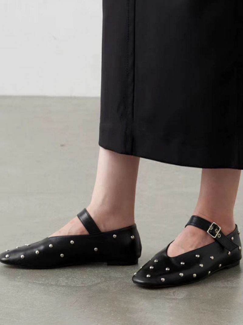 Black Ballerina Flats Dame Rhinestones Rund Toe Ballett