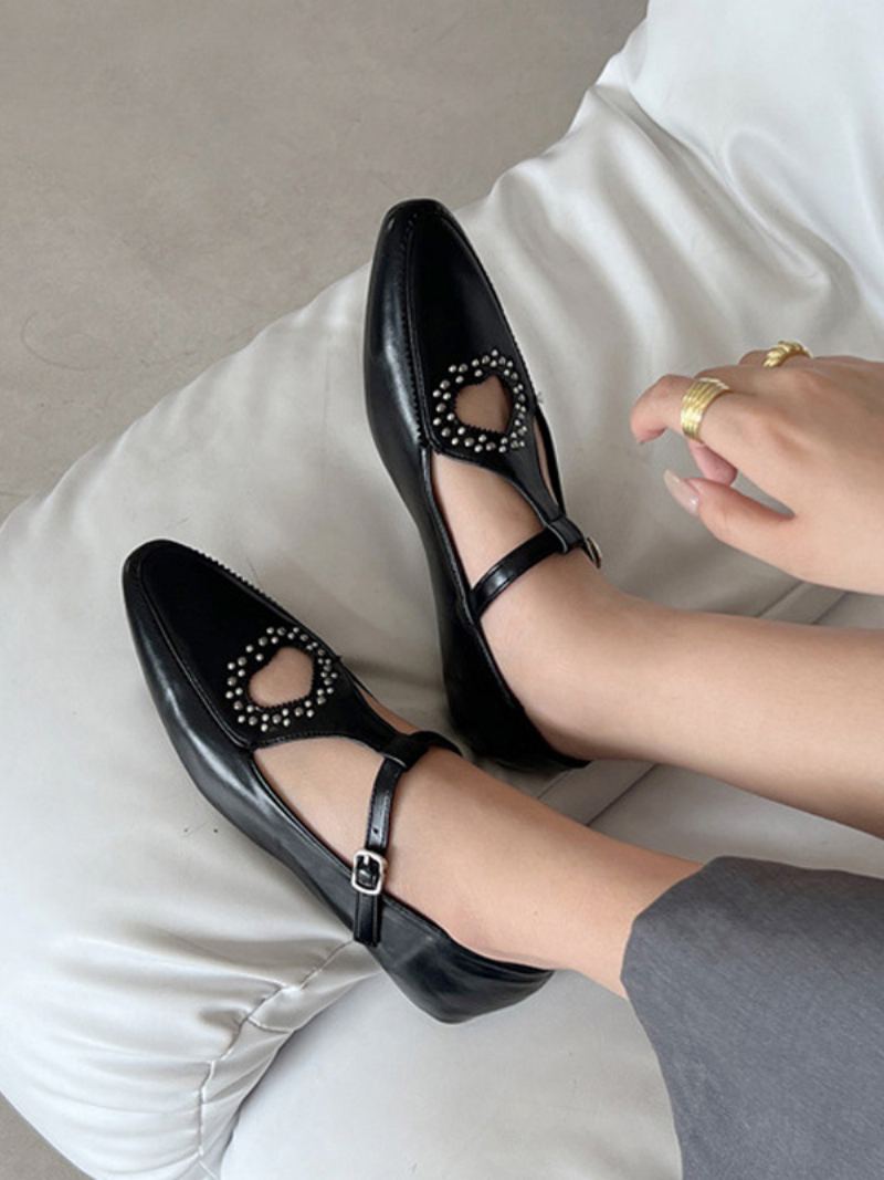 Black Ballet Flats Square Toe Rhinestones Cut Out Spenne Detalj Flate Sko For Kvinner