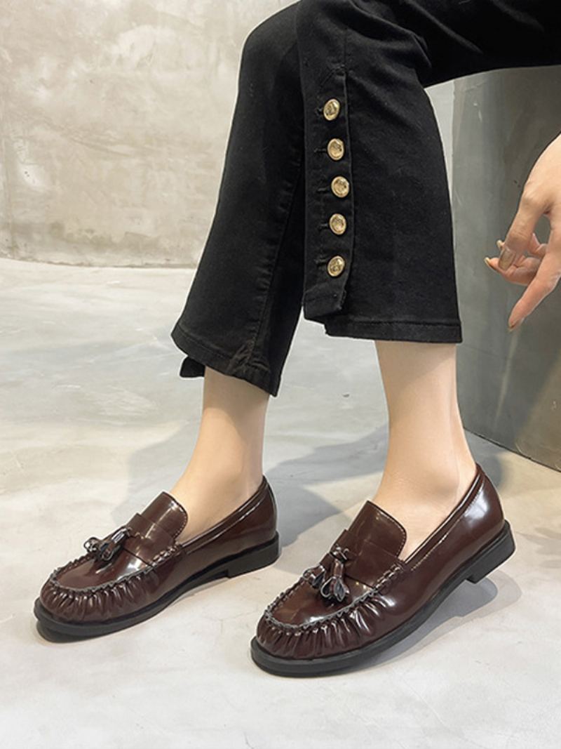 Black Loafers For Kvinner Valp Hæl Slip On Med Dusker - Burgund