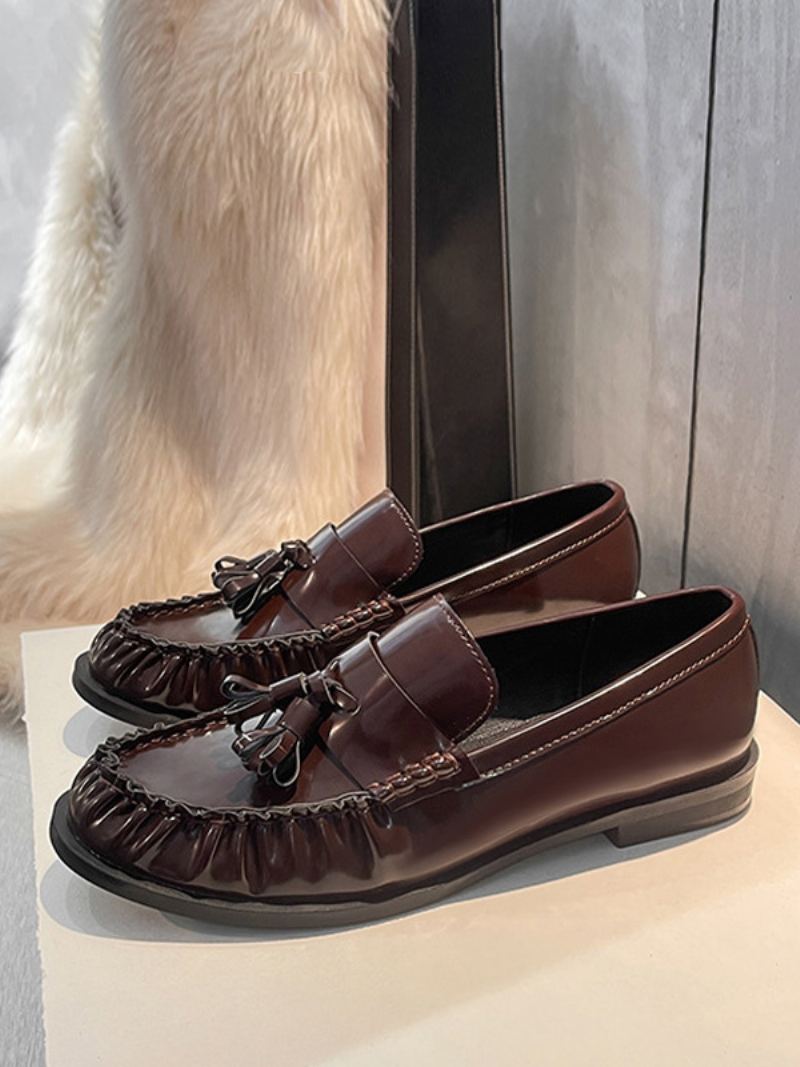 Black Loafers For Kvinner Valp Hæl Slip On Med Dusker - Burgund