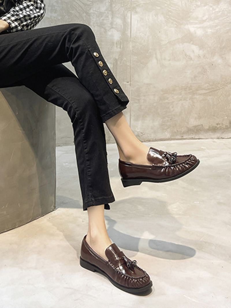 Black Loafers For Kvinner Valp Hæl Slip On Med Dusker - Sort