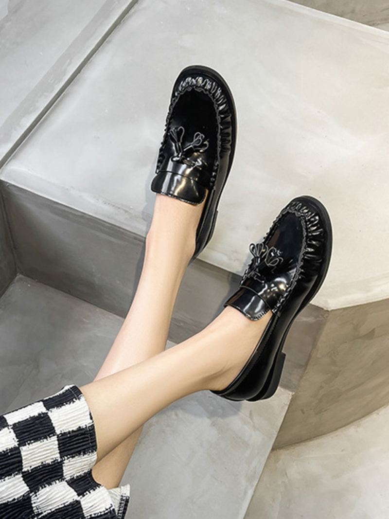 Black Loafers For Kvinner Valp Hæl Slip On Med Dusker - Sort