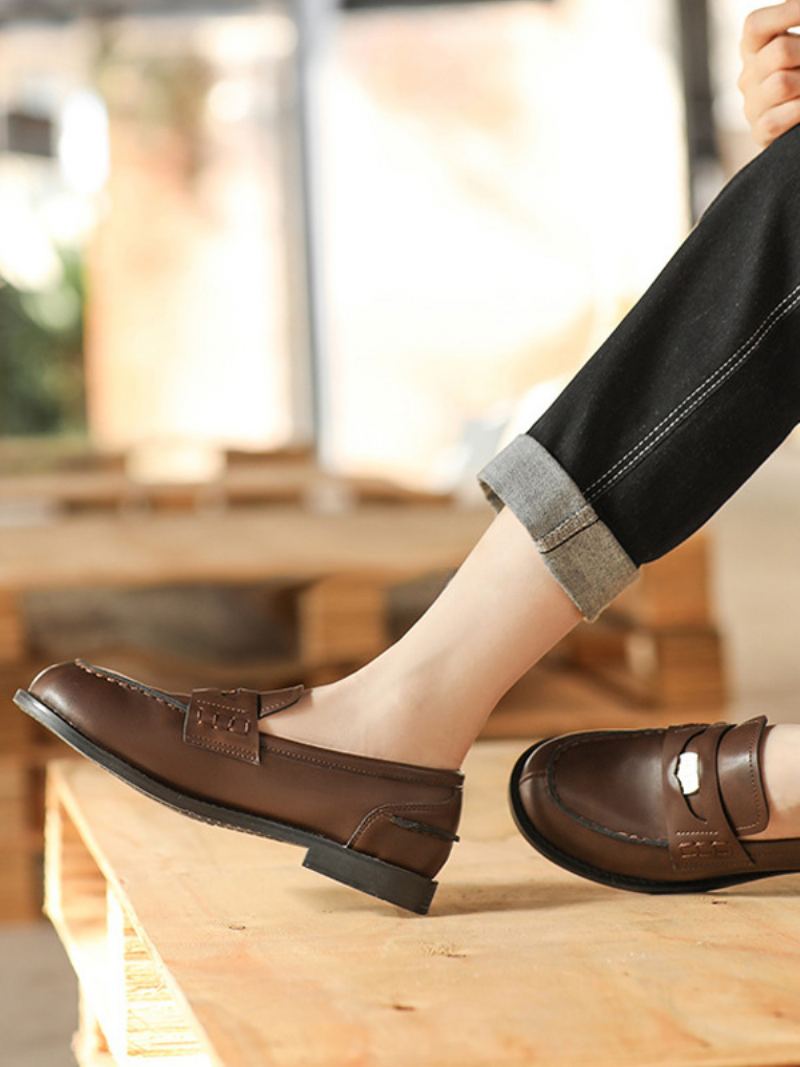 Brune Slip On Loafers Kvinner Rund Toe Designet Penny - Kaffe Brun