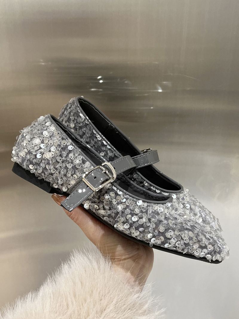 Dame Glitter Ballerina Flats Square Toe Mary Jane Festsko - Sølv