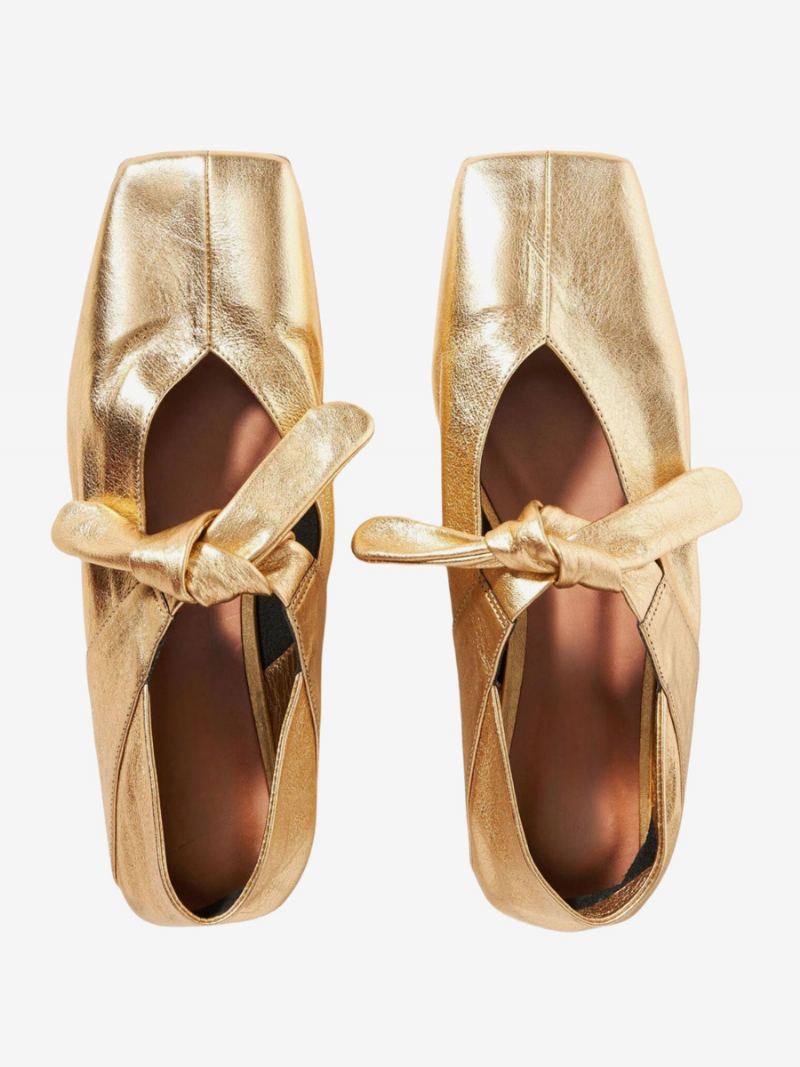 Dame Gull Ballett Flats Square Toe Metallic Knotted Detail Flate Sko - Gull