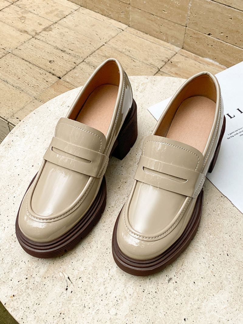 Dame Loafers Svart Rund Tå Chunky Heel Patent Pu Øvre - Beige