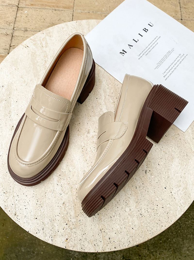 Dame Loafers Svart Rund Tå Chunky Heel Patent Pu Øvre - Beige