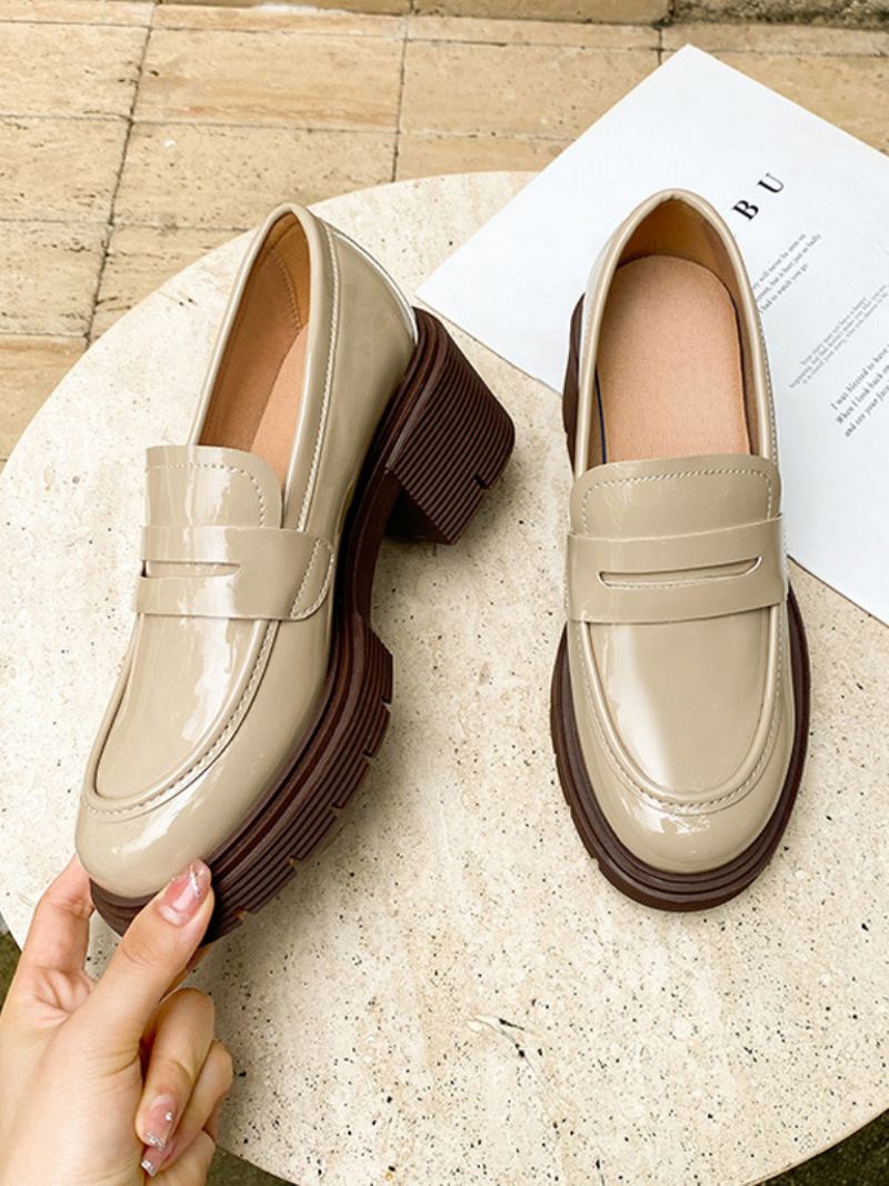 Dame Loafers Svart Rund Tå Chunky Heel Patent Pu Øvre - Beige