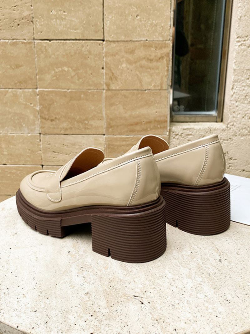 Dame Loafers Svart Rund Tå Chunky Heel Patent Pu Øvre - Beige