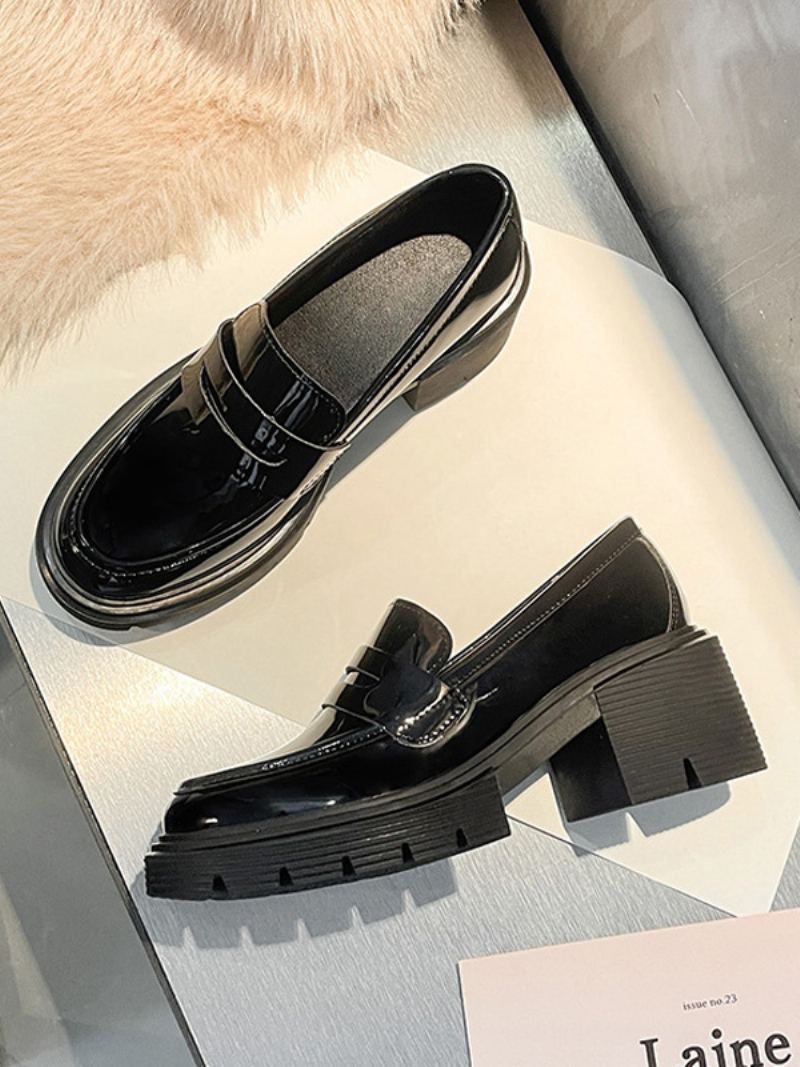 Dame Loafers Svart Rund Tå Chunky Heel Patent Pu Øvre - Sort