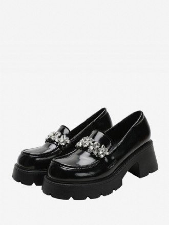 Dame Rhinestones Chunky Heel Pu Leather Loafers Med