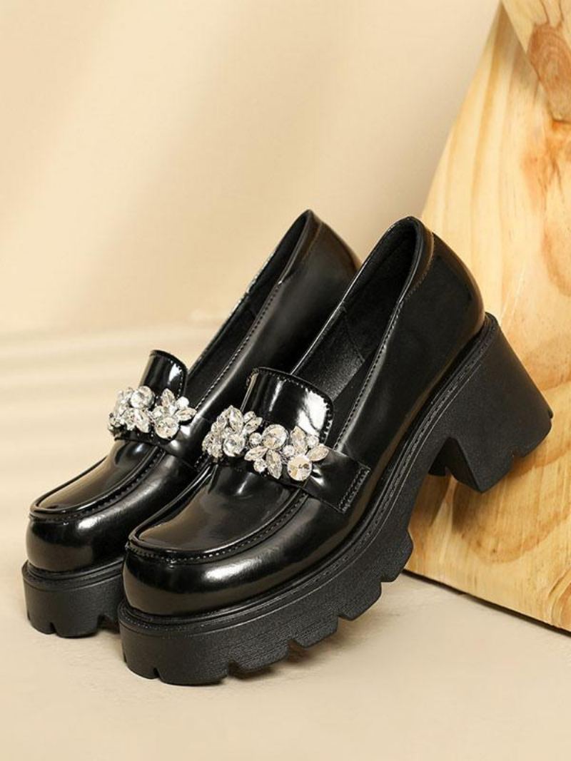 Dame Rhinestones Chunky Heel Pu Leather Loafers Med - Svart