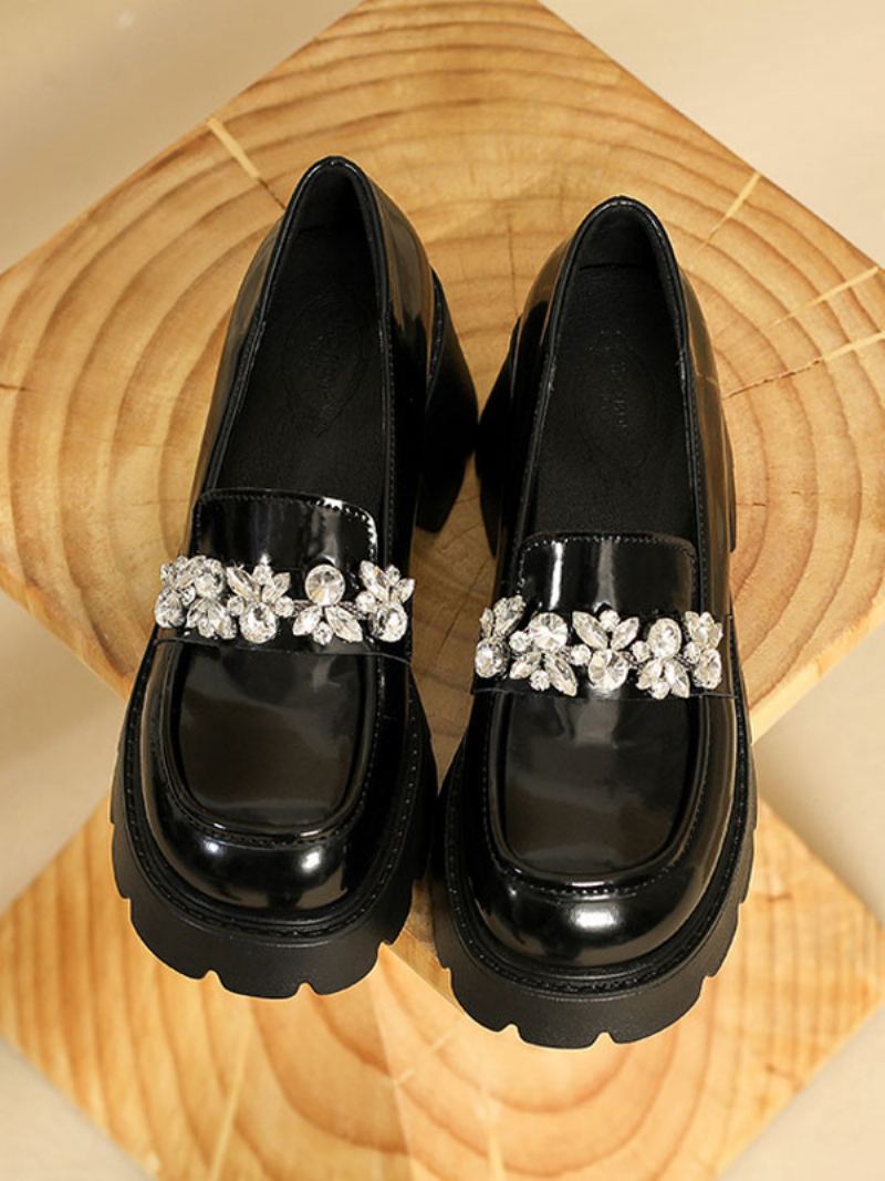 Dame Rhinestones Chunky Heel Pu Leather Loafers Med - Svart