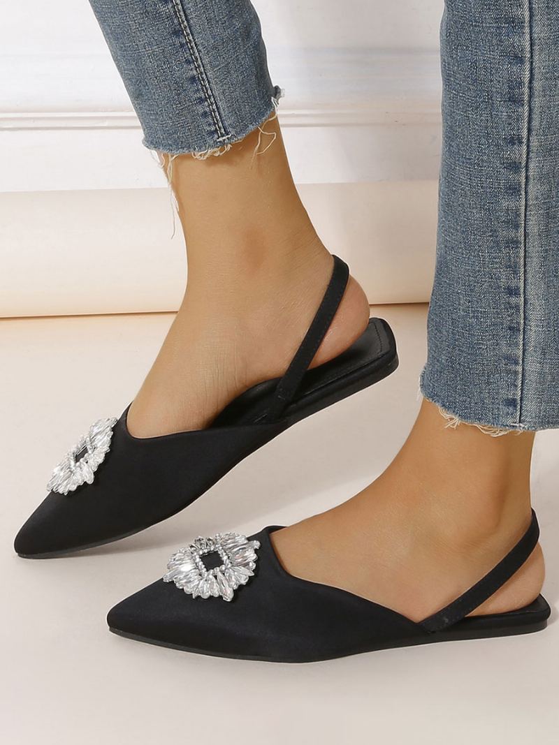 Dame Rhinestones Spiss Tå Slingback Flats - Sort