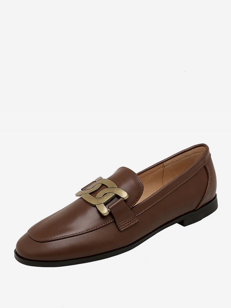 Dame Slip On Loafers Hvite Runde Flate Sko - Kaffe Brun